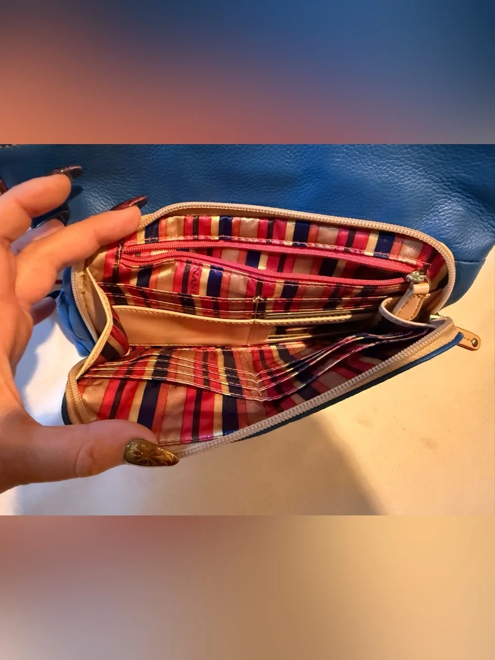 Tignanello Blue Leather Shoulder Bag with Cream Trim and Red Edging